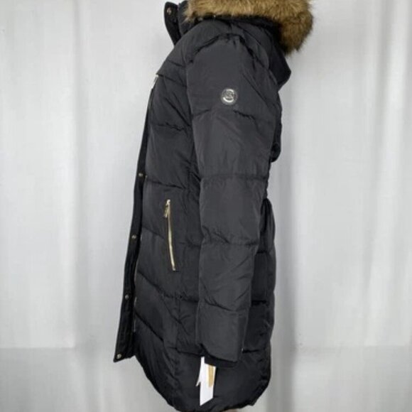 NEW MICHAEL KORS Womens Coat Black Size PM Faux Fur Trim Hooded Puffer Full Zip - Picture 10 of 12